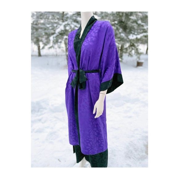 80s Diamond Tea Satin Loungewear Set Kimono Sleeve Duster Robe Trousers Purple B - Picture 4 of 16
